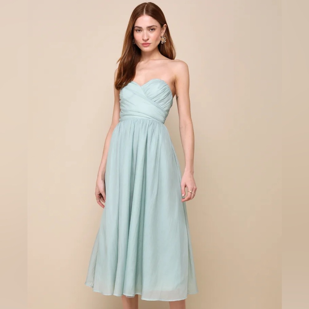 NWT Lulus Fairytale Design Sage Green Organza Strapless A-Line Midi Dress